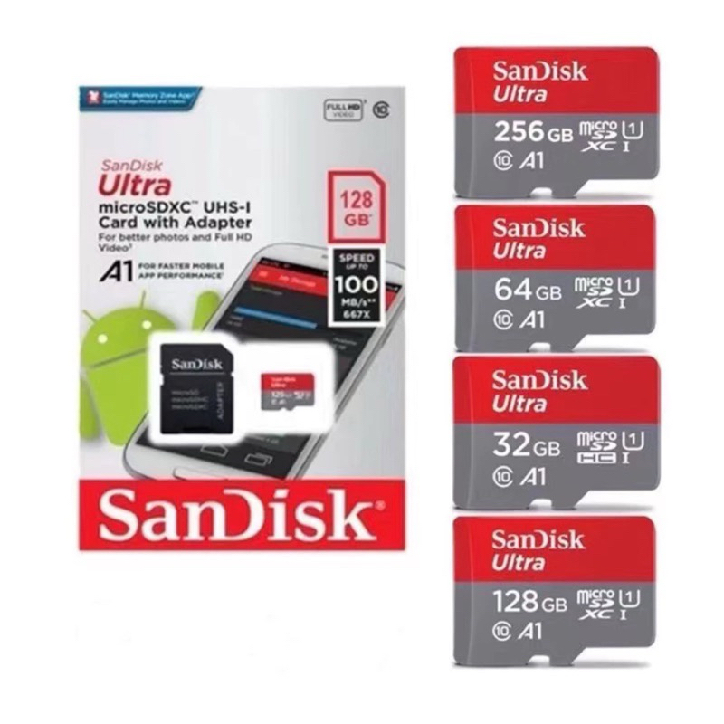 Sandisk Ultra microSD Card ความเร็ว 100MB/s ความจุ 32GB 64GB 128GB 256GB 512GB Class10 A1เมมโมรี่การ์ด มีพร้อมส่งในไทย