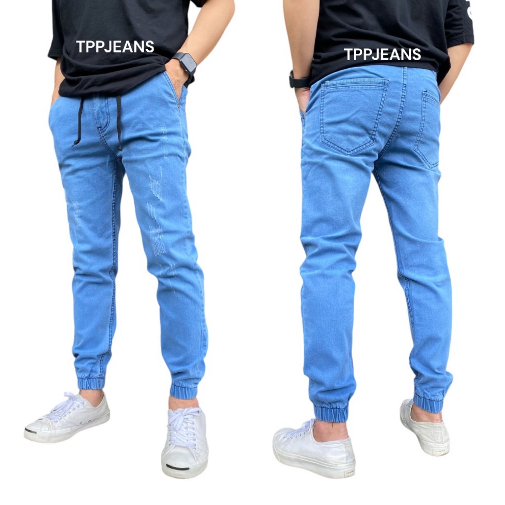 JEANSEXPRESS LB Jogger Jeans กางเกงยีนส์จ็อกเกอร์สีบลูฟอกซีด ทรงสลิม เอวยางมีเชือกผ้ายืด เป้าซิป มีไซส์ใหญ่ Size 26-54