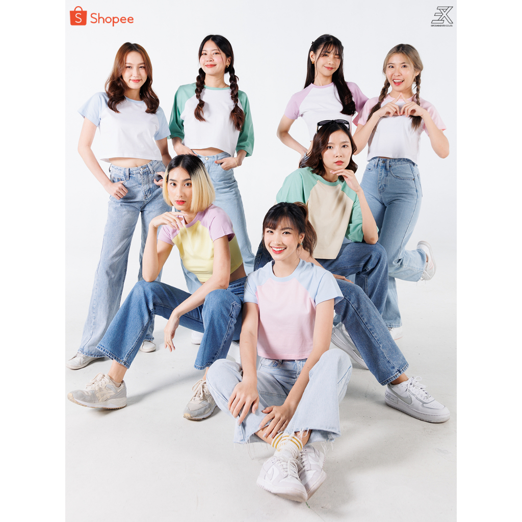 Expogarment เสื้อครอป ไหล่สโลป พาสเทล เอวลอย CROP แขนสั้น คอกลม ผ้าคอตตอน มี3ทรง Pastel