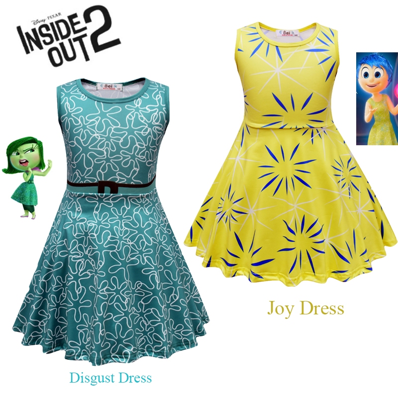 สีเหลืองสีเขียวเด็ก ๆอนิเมะแต่งตัวคอสเพลย์ Inside Out 2 Disgust Joy Costume
