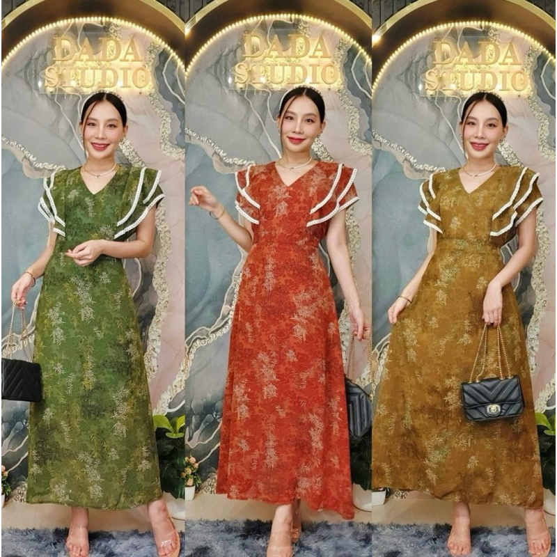 เดรสยาวผ้าชีฟองแต่งแขนระบายกระโปรงทรงเอ