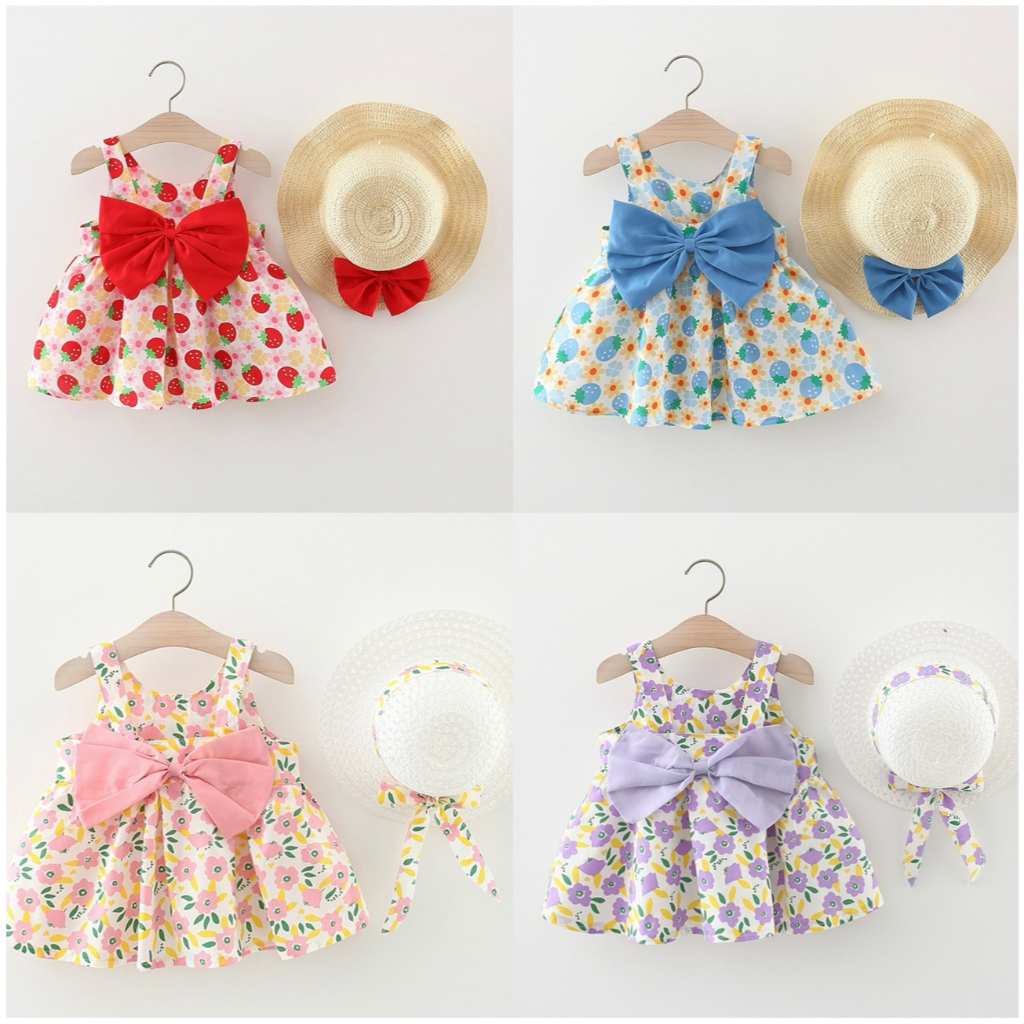 กระโปรงเด็กผู้หญิง กระโปรง+หมวก ชุดฮาวาย เดรสไปเที่ยว เนื้อผ้านิ่มไม่ร้อน (8 เดิมถึง -4ปี) /  QQ41