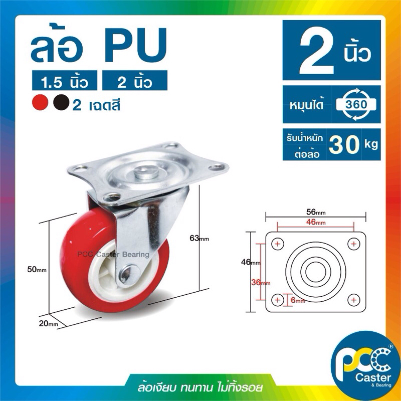 (ชุด 2 ล้อ) ล้อยูรีเทน ล้อ PU 2 นิ้ว หมุน 360 สีแดง-สีดำ 🔴⚫️