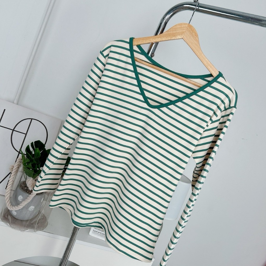 060 Deezyy เสื้อยืด แขนยาว ลายริ้ว คอวีด้านหลัง