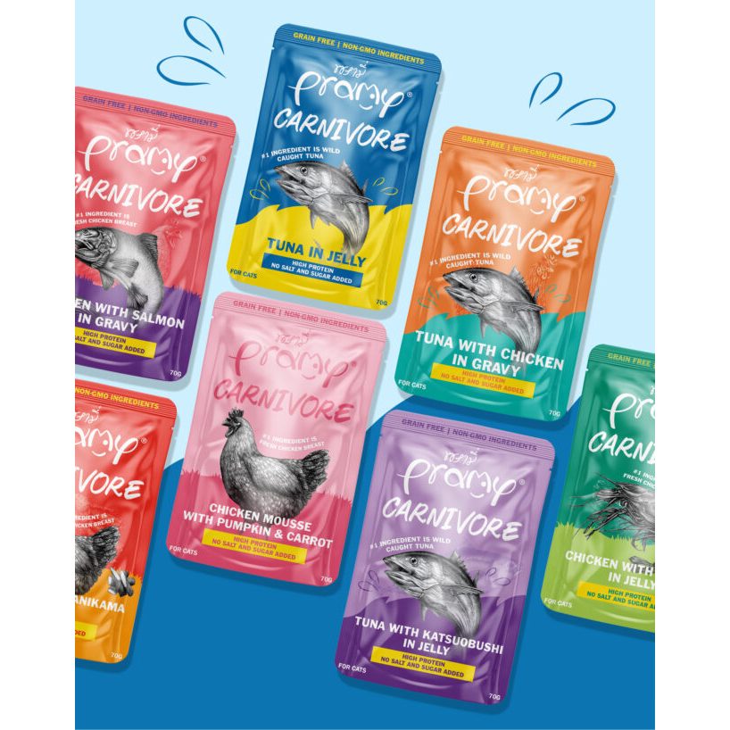 ราคาเปิดตัว (ยกโหล12ซอง)Pramy Carnivore พรามี่ คาร์นิวอร์ อาหารเปียกแมว กลูเตนฟรี สำหรับแมว 2 เดือนขึ้นไป ขนาด 70g.