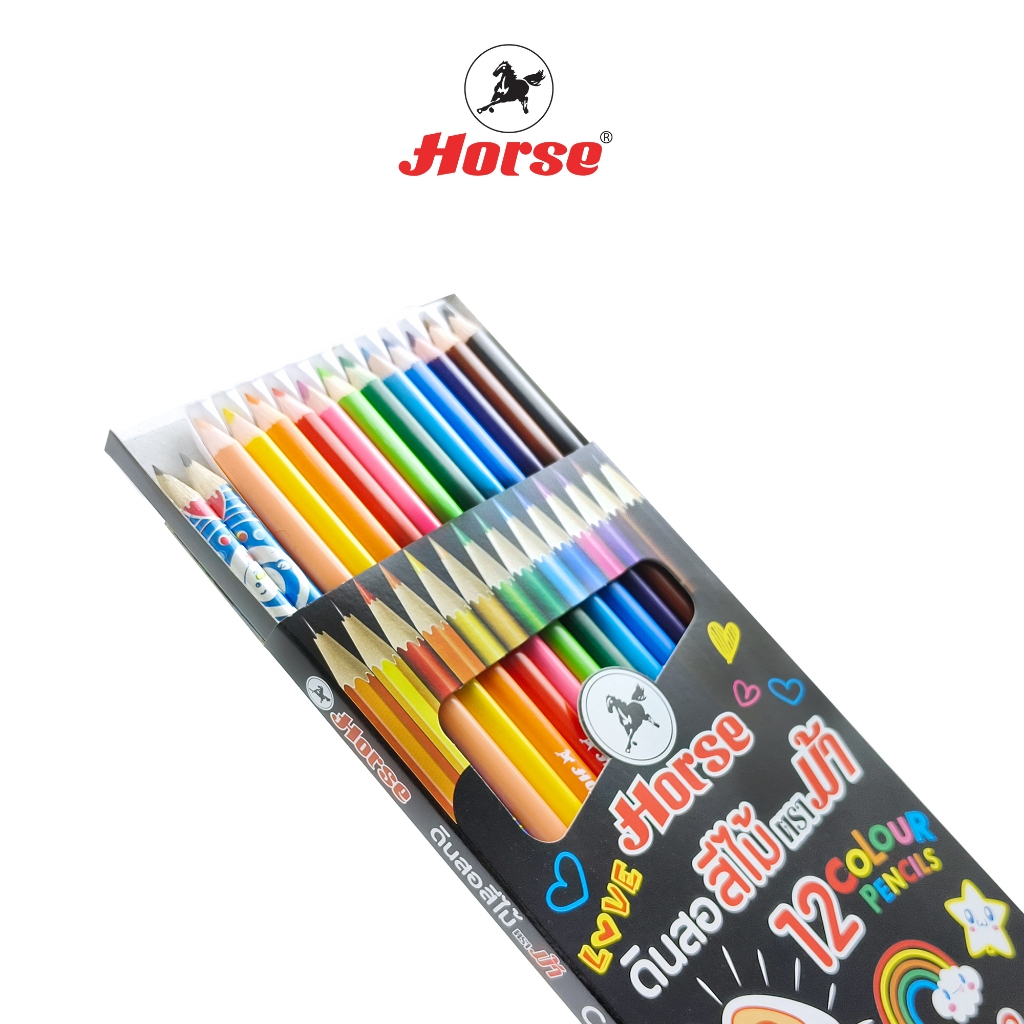 HORSE (ตราม้า)  ดินสอสี สีไม้ แท่ง สามเหลี่ยม สีไม้ยาว12สี ตราม้า ไส้ 3. มม. กล่องดำ จำนวน 1 กล่อง - รูปที่ 2