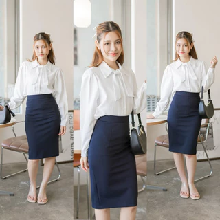 กระโปรงทำงาน เอวสูงขอบใหญ่ ผ้าโรเชส ยาว24นิ้ว กระโปรงทรงเอ