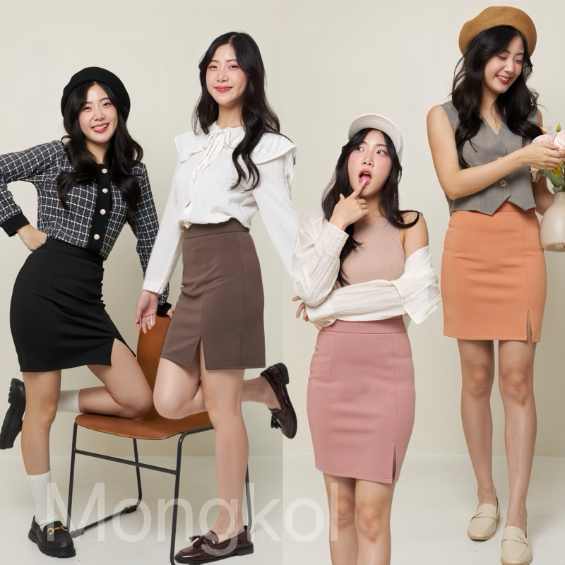 กระโปรงทำงาน เอวสูงขอบใหญ่ ผ่าหน้า ยาว18นิ้ว ผ้าโรเชส กระโปรงทรงเอ