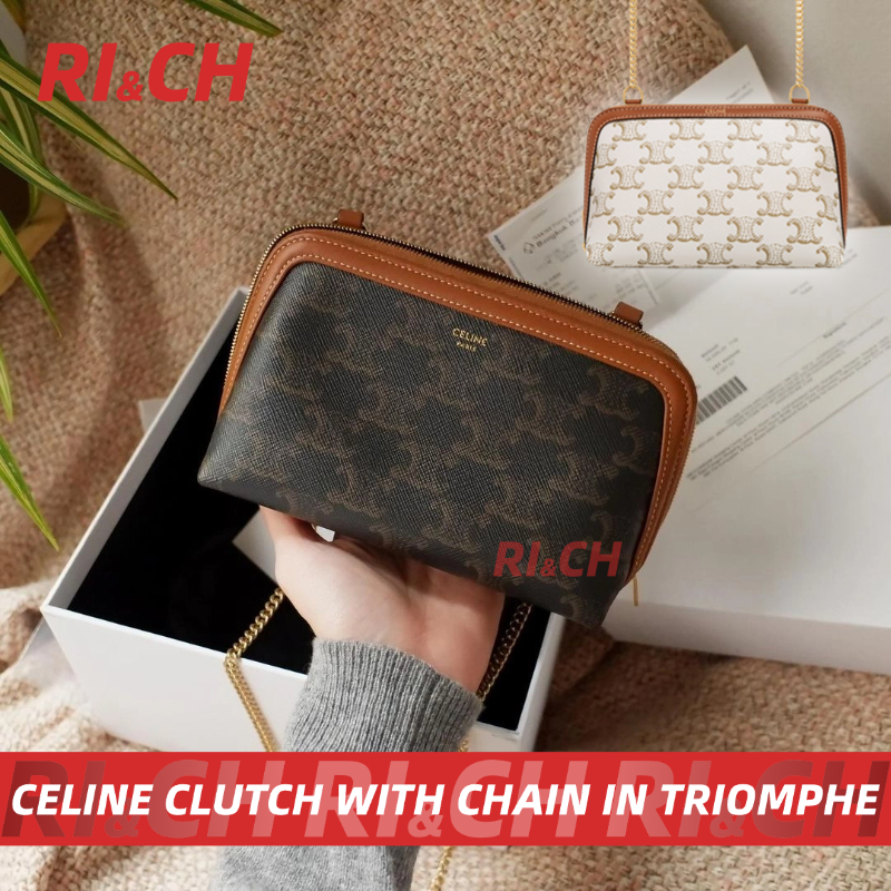 #Rich ราคาถูกที่สุดใน Shopee แท้💯CELINE CLUTCH WITH CHAIN IN TRIOMPHE กระเป๋าคลัตช์พร้อมสายสะพาย