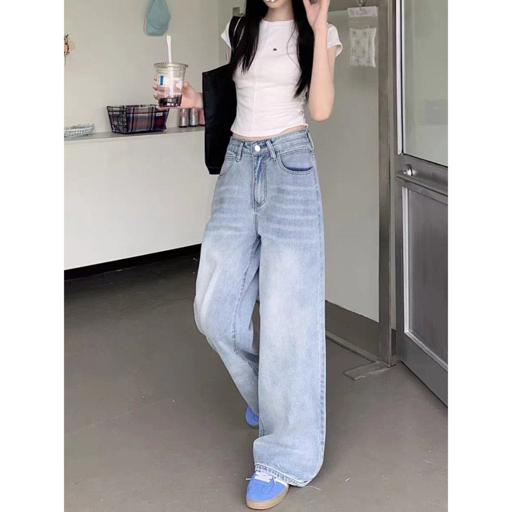 กางเกงยีนขาบาน เอวสูง ลําลอง สีฟ้า #9933 - รูปที่ 7