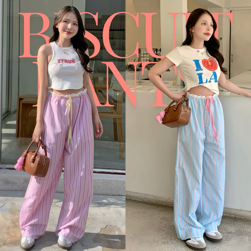 𝗕𝗜𝗦𝗖𝗨𝗜𝗧 𝗣𝗔𝗡𝗧𝗦 กางเกงขายาวลายทางผ้าคอตตอนสีพาสเทลเอวจีบรูด (โรงงานผ้าที่ไทยร้านผลิตเอง)