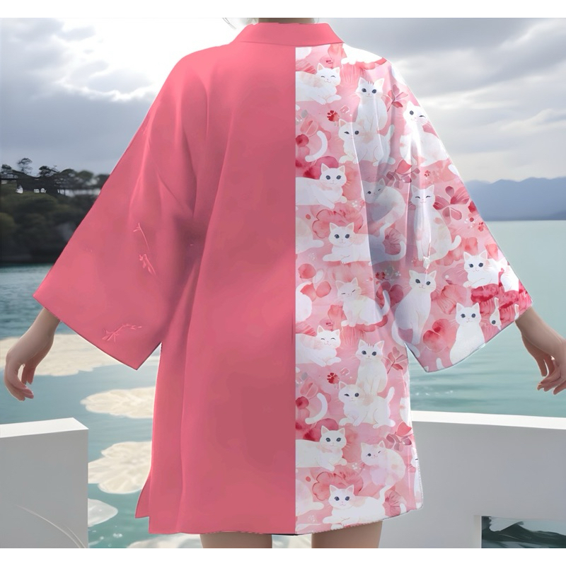 🔥New Arrival 🔥  เสื้อคลุมลาย Cat Cute ทรงยูกาตะ ฮาโอริ สไตล์ญี่ปุ่น เนื้อผ้าใส่สบาย ใส่ได้ทั้งผู้หญิงและผู้ชาย  Limited