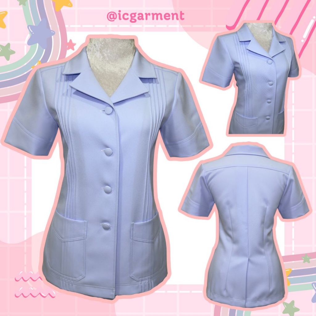 เสื้อพยาบาล คอปกฮาวาย ตีเกล็ดหน้า ผ้าวาเลนติโน่