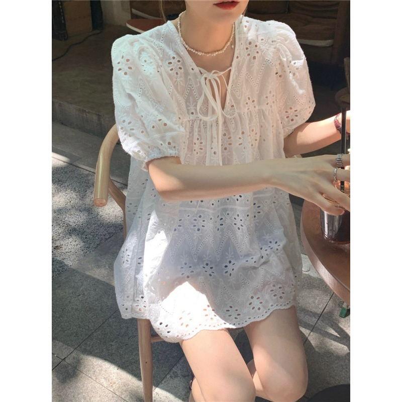 ชุดมินิเดรสฉลุลูกไม้ แขนพองตุ๊กตา ทรงสวยน่ารัก เรียบร้อย พร้อมจัดส่ง S-2XL อกใหญ่ใส่ได้ ฉลุพรีเมี่ยมทั้งตัว