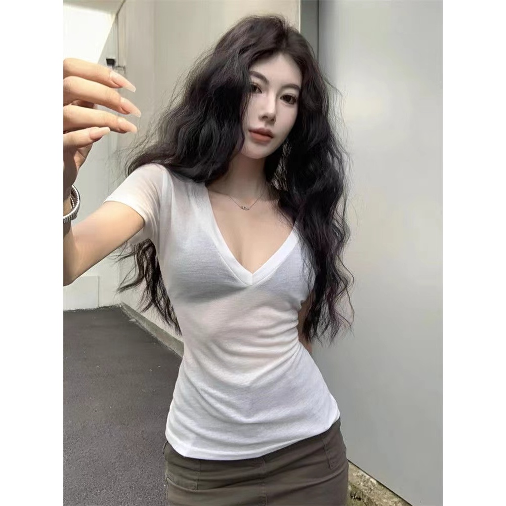 เสื้อยืดคอวี เอวบาง สีพื้น สไตล์อเมริกัน แฟชั่นฤดูร้อน สําหรับผู้หญิง