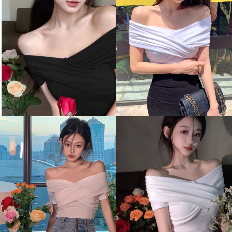 💕ShopBypuy💕เสื้อไขว้หน้าแขนสั้นแซ่บๆ📌สีขาวเข้า
