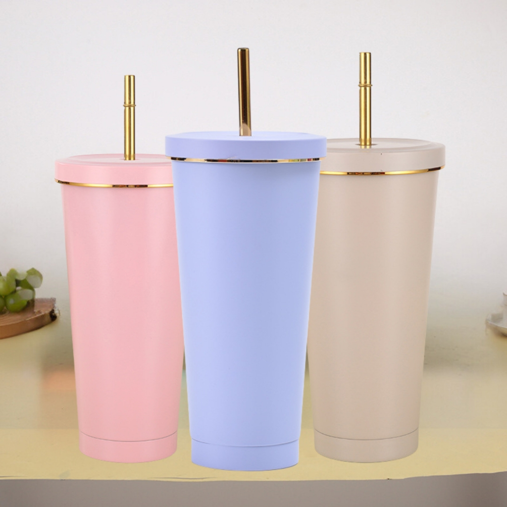 แก้วน้ำสเเตนเลสขอบสีทอง พร้อมฝาปิด ขนาด 750 ml.