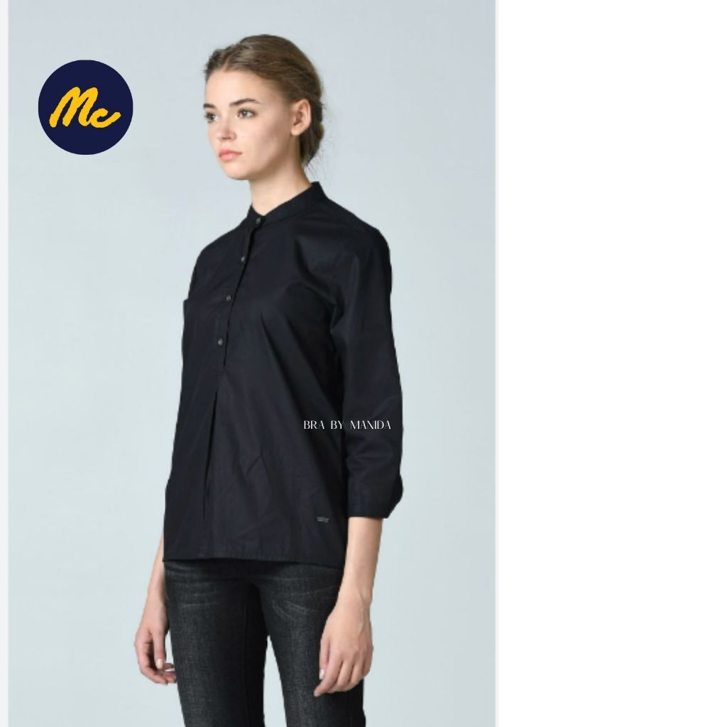 MC Jeans(แม็ค ยีนส์) -  MWL9104  งานใหม่ แท้  เสื้อเชิ้ตผู้หญิงแบบสวม คอจีน แขนยาว สีดำ