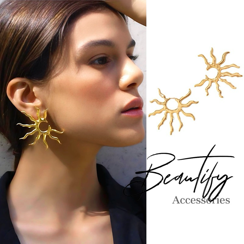 𝓑𝓮𝓪𝓾𝓽𝓲𝓯𝔂 ต่างหูโลหะสีทองดีไซน์พระอาทิตย์ให้คุณสวยโด่ดเด่นดูร้อนแรง