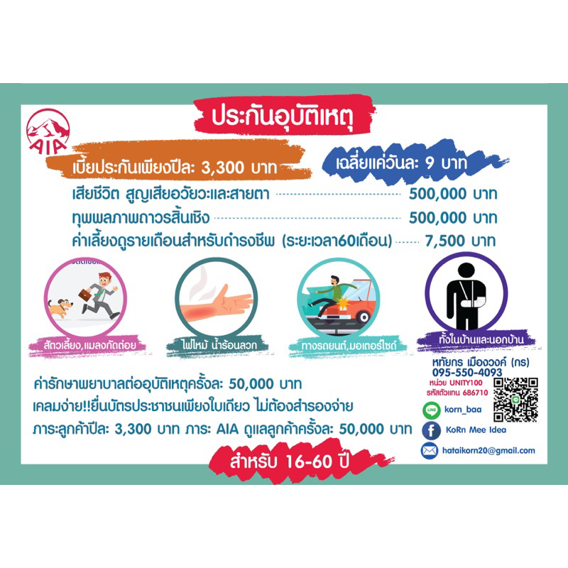 ประกันอุบัติเหตุ AIA แผนปีละ 3,300 (อายุ 16 ปี - 60 ปี)