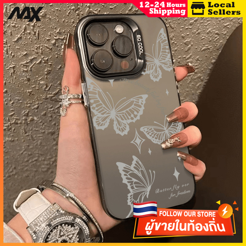 สีดำหรูหราซิลิโคนแข็งกรณีโทรศัพท์ ผีเสื้อสีขาวฟรี for IPhone 13 12 7Plus 14 15 11 Pro MAX 8 6 7 6S Plus X XR XS
