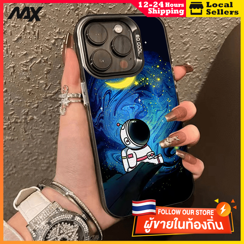 สีดำหรูหราซิลิโคนแข็งกรณีโทรศัพท์ นักบินอวกาศคืน for IPhone 13 12 7Plus 14 15 11 Pro MAX 8 6 7 6S Plus X XR XS