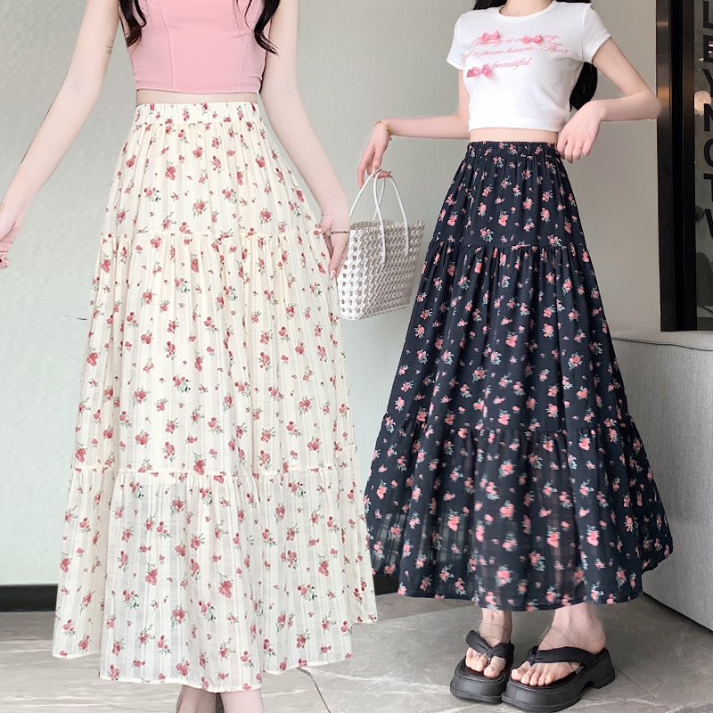 GHAOHES กระโปรงลายดอกไม้  สีดำชมพู กระโปรงยาวปานกลางทรงเอเอวสูงดูผอมสไตล์เกาหลี สไตล์holiday