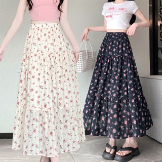 GHAOHES กระโปรงลายดอกไม้  สีดำชมพู กระโปรงยาวปานกลางทรงเอเอว…