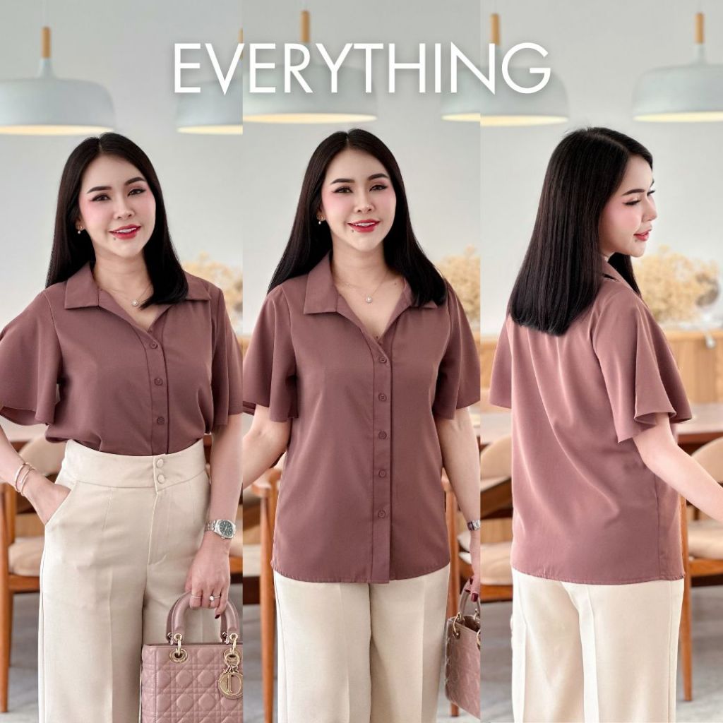 Everything2019 เสื้อเชิ๊ตคอปก แขนระบาย พรางต้นแขน สีพื้น เสื้อทำงานผู้หญิง มีไซซ์ XS-3XL หน้าผ้า 36-48 (1976)