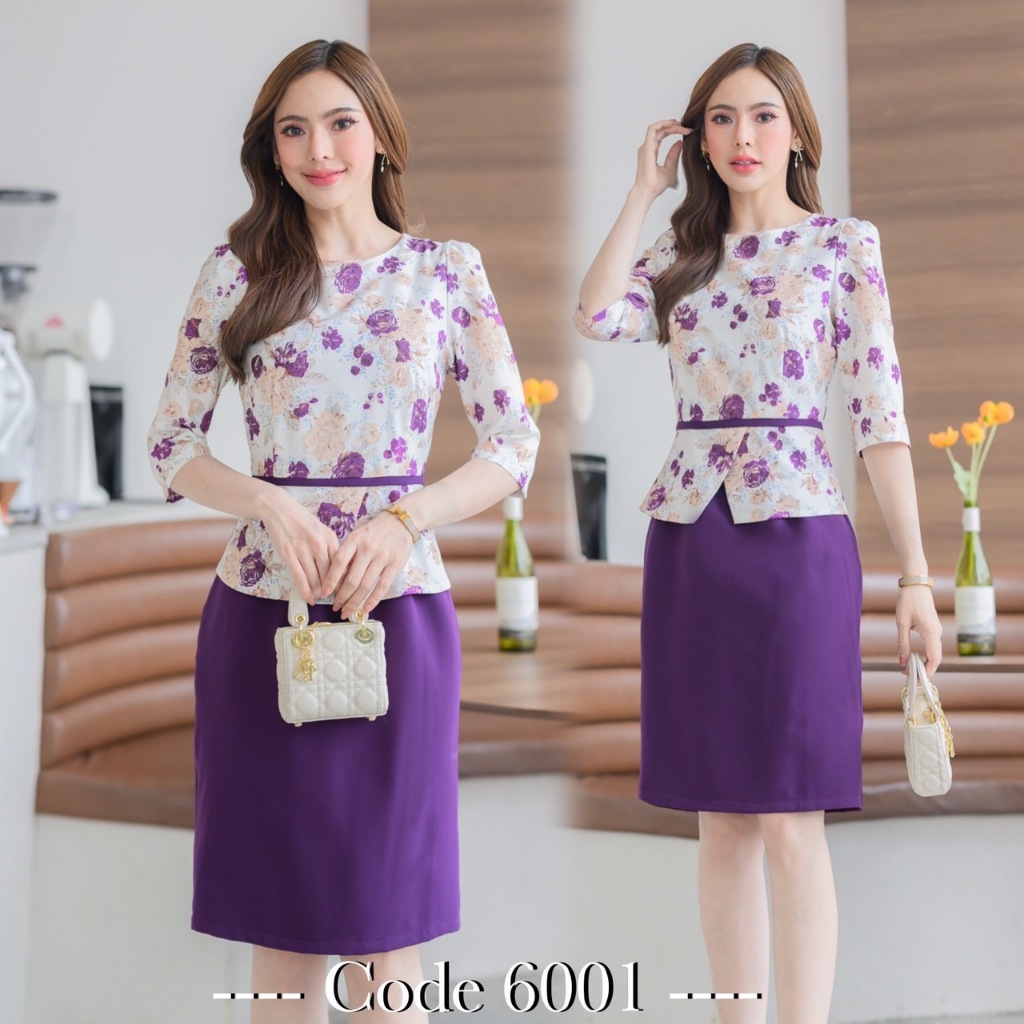 6001:งานเดรสผ้าโพลีเอสเตอร์เกรดนำเข้าอย่างดีทรงสวยแขนสามส่วน