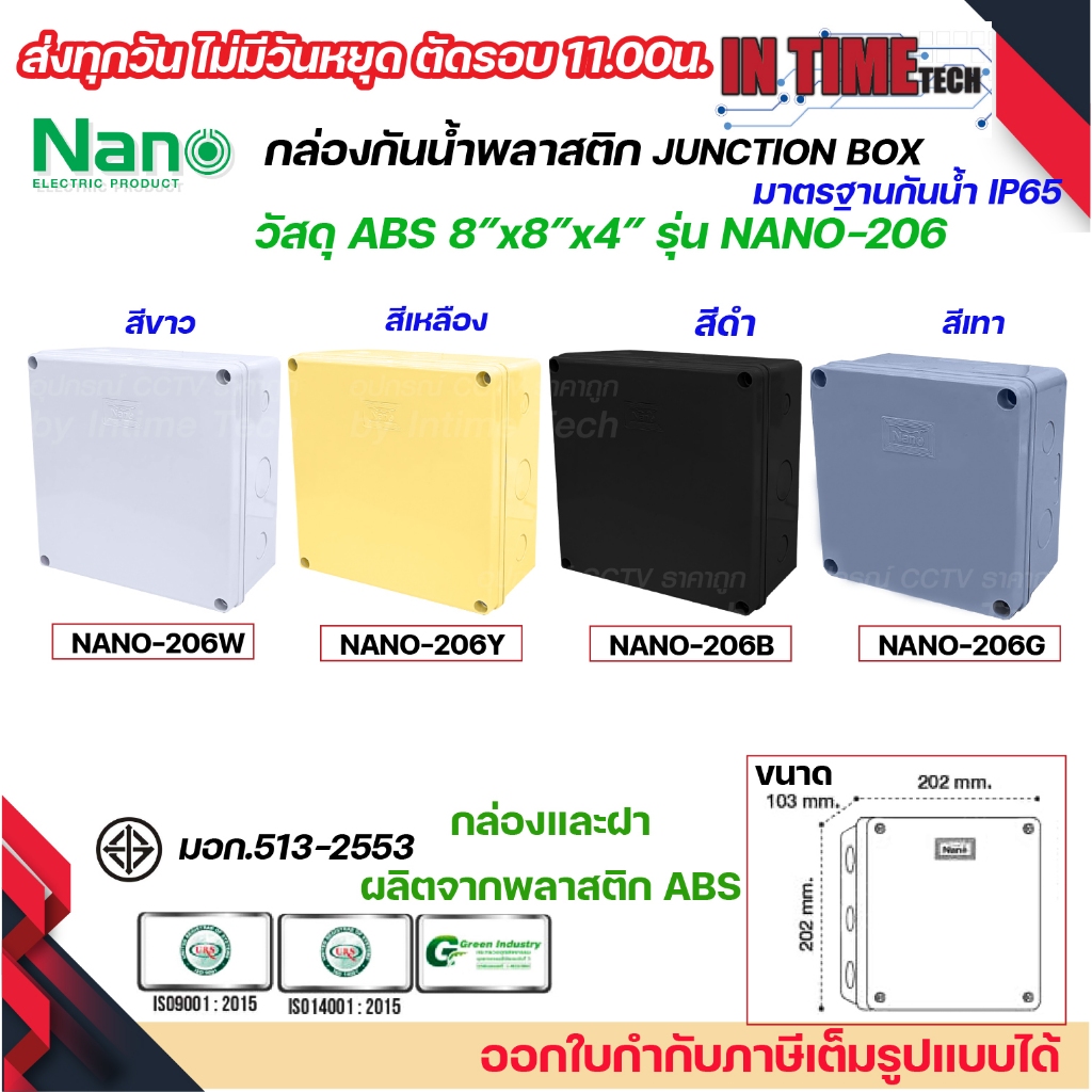 NANO กล่องพักสาย 8x8 ABS รุ่น NANO-206W บล็อคพักสาย Box กันน้ำ สีขาว สีเหลือง สีดำ สีเทา IP65 มอก.513-2548