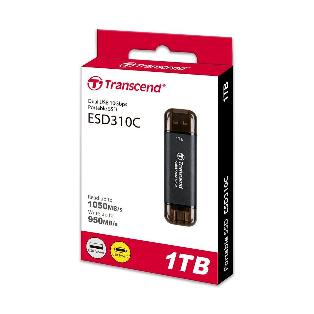 1 TB GB PORTABLE SSD (เอสเอสดีที่แรงมาก 1050 MB/s / 950 MB/s) TRANSCEND ESD310 USB TYPE-C/A (BLACK/Silver) - 5 Years