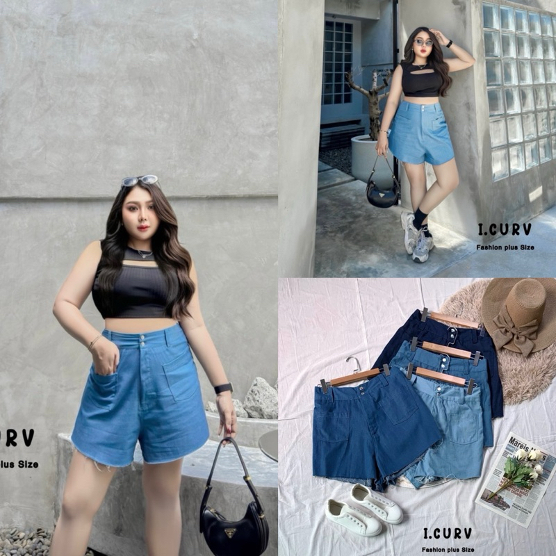 กางเกงยีนส์ขาสั้น ดีเทลกระดุม 2เม็ด มีกระเป๋าหน้าเก๋ๆ plussize สาวอวบ
