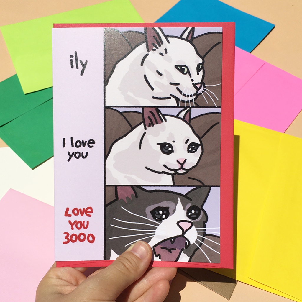 การ์ดวันครบรอบ น่ารัก พร้อมซอง Love You 3000 การ์ดบอกรัก แต่งงาน ลายมีมแมว | Cute cat anniversary card, i love you card
