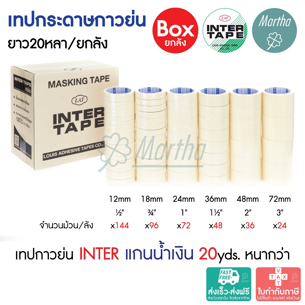 (ยกลัง) เทปย่น 20หลา อินเตอร์เทป แกนน้ำเงิน INTER TAPE เทปกาวย่น กระดาษกาวย่น 1/2 3/4 1 1.5 2 3 นิ้ว
