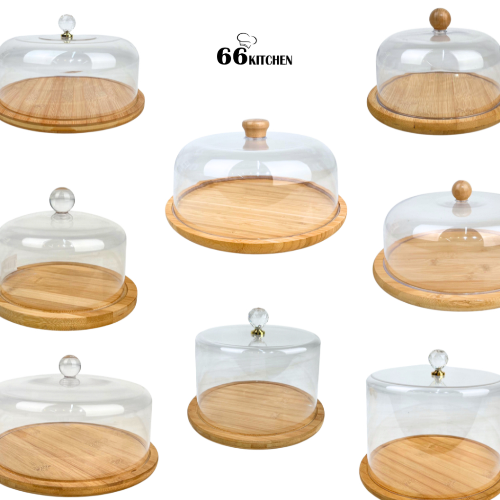 CAKE STAND ถาดใส่เค้ก-มีฝาครอบ แบบกลม วัสดุถาดไม้ พร้อมฝาครอบ PP ใส