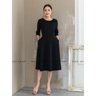 TEESBRAND T1418KP ชุดทำงานสีดำ มีกระเป๋าข้าง แขนห้าส่วน ทรงบาน เสื้อคอกลม ชุดไปงานศพ ชุดสุภาพ ใส่งานพิธี สินค้าพร้อมส่ง