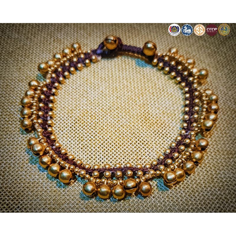 สร้อยข้อเท้าเชือกถักอินเดีย กระพรวนทองเหลืองแท้ กระดิ่ง