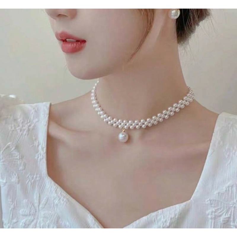 ชุดสร้อยคอมุกเล็กถัก พร้อมจี้มุกใหญ่ และต่างหูมุก พร้อมส่ง
