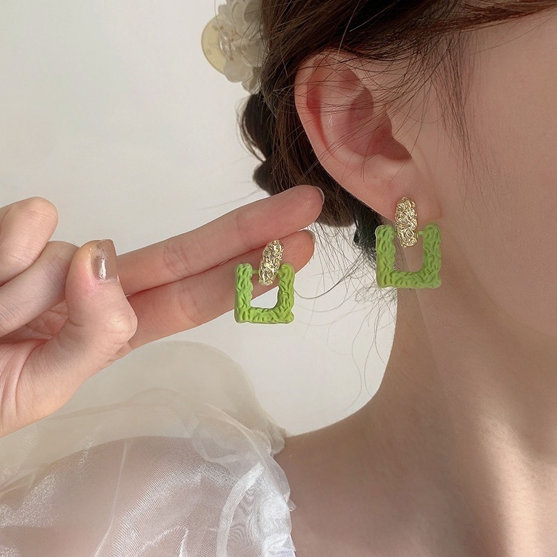ต่างหู สีเขียว แฟชั่นฤดู S925 ต่างหูแฟชั่น ทรงสี่เหลี่ยม สไตล์เกาหลี สําหรับผู้หญิงEH005