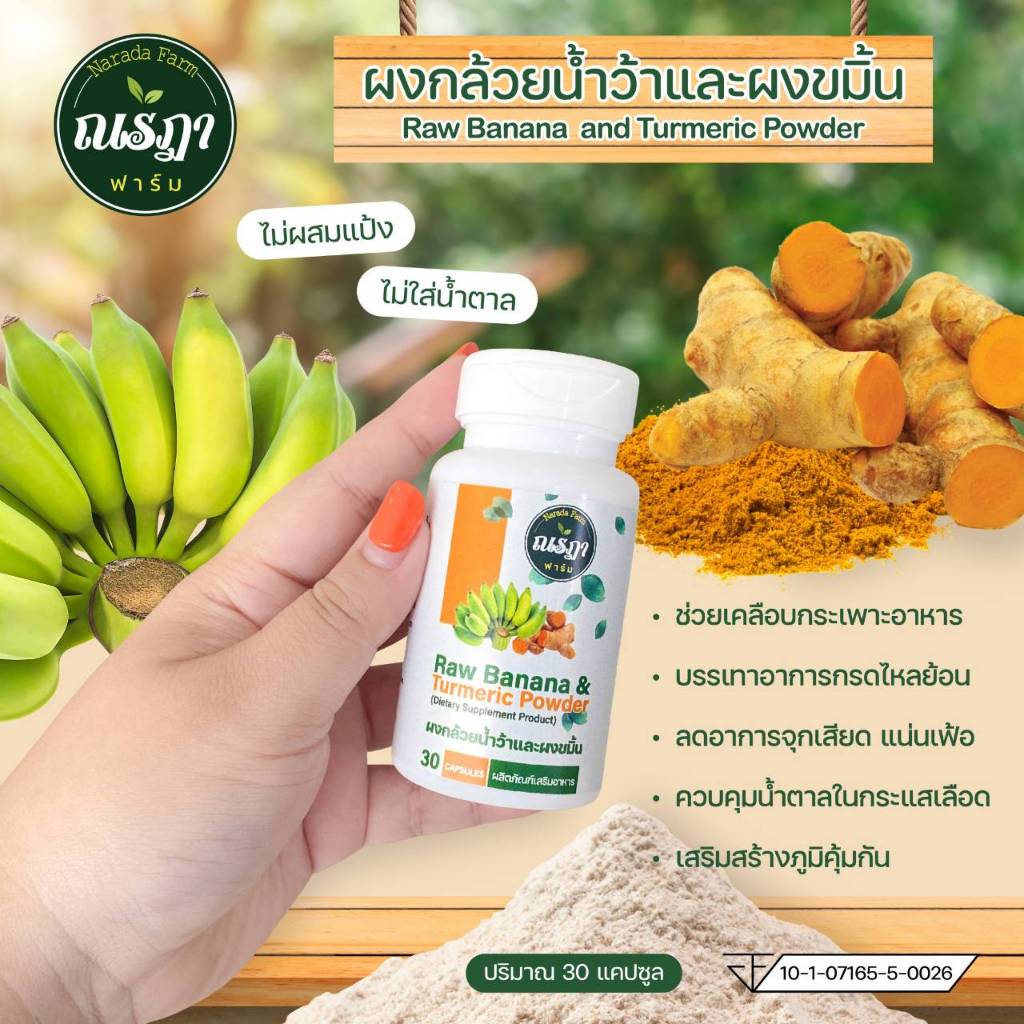 บอกลากรดไหลย้อน ลดแสบร้อนกลางอก ด้วย ผงกล้วยน้ำว้าดิบ & ผงขมิ้น ออร์แกนิค 30 แคปซูล