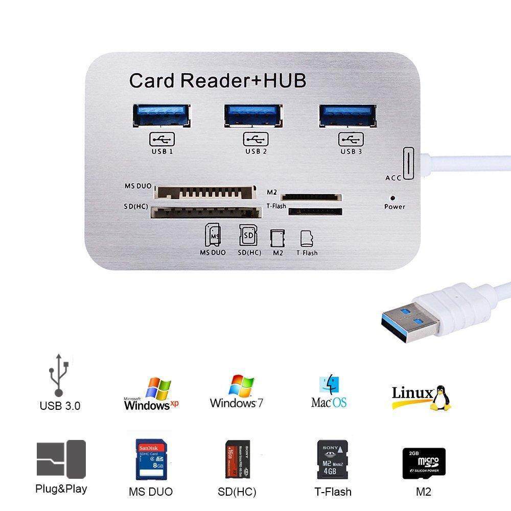 USB 3.0 HUB + เครื่องอ่านการ์ดความเร็วสูง USB HUB พร้อม MS/SD/M2/ TF Card Reader 3 พอร์ต USB Splitterสำหรับแล็ปท็อป