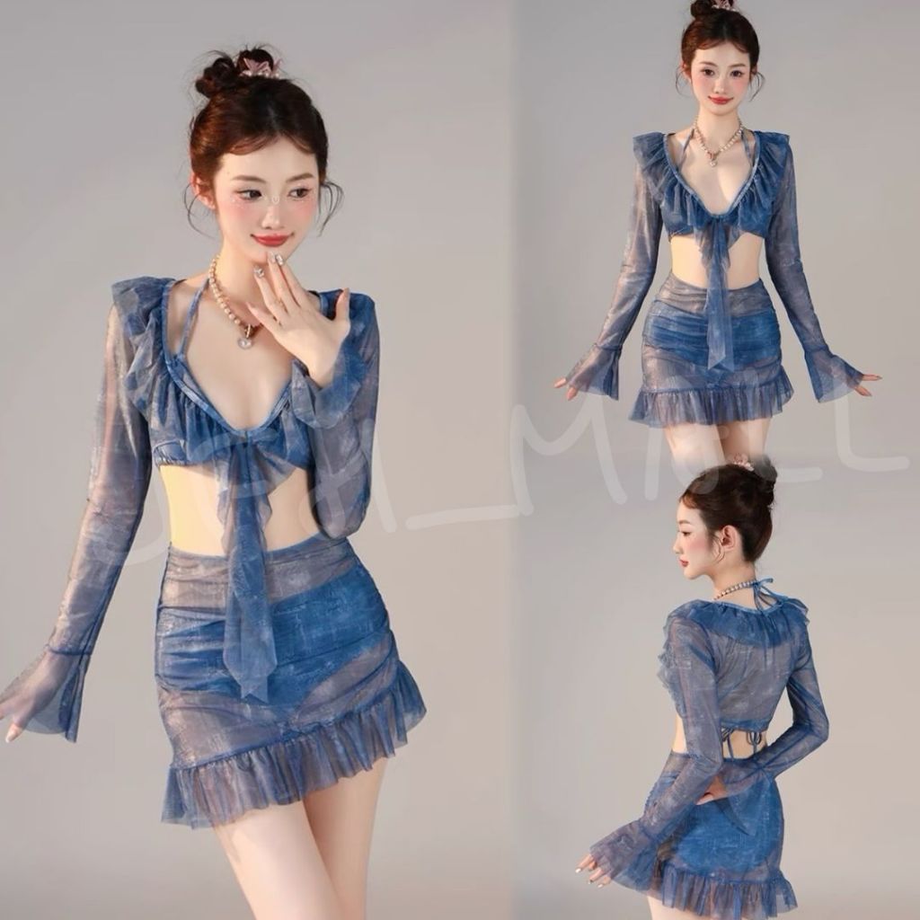 ชุดว่ายน้ำ ชุดไปทะเล Bikini Set 4 ชิ้น ทูพีซ เสื้อคลุมแต่งระบาย กระโปรงคลุมบิกินี่ พิมพ์ลายกราฟฟิค