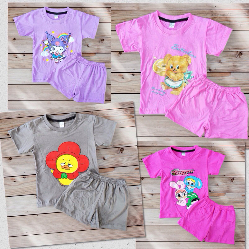 ชุดเซ็ทเด็กขาสั้นสีพื้น ลายน่ารัก 👧🏻👦🏻