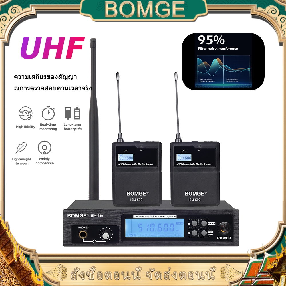 BOMGE Pro UHF ระบบตรวจสอบอินเอียร์สเตอริโอไร้สาย เครื่องส่งสเตอริโอ IEM ระดับมืออาชีพ และตัวรับบอดี้แพ็ค