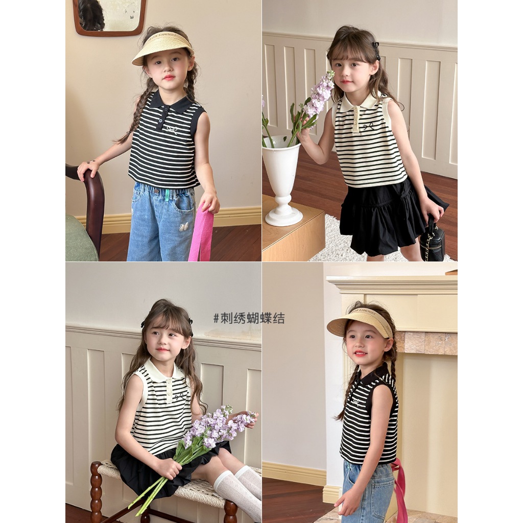 F219-F220 เสื้อยืดเสื้อโปโลแขนกุดลายทาง