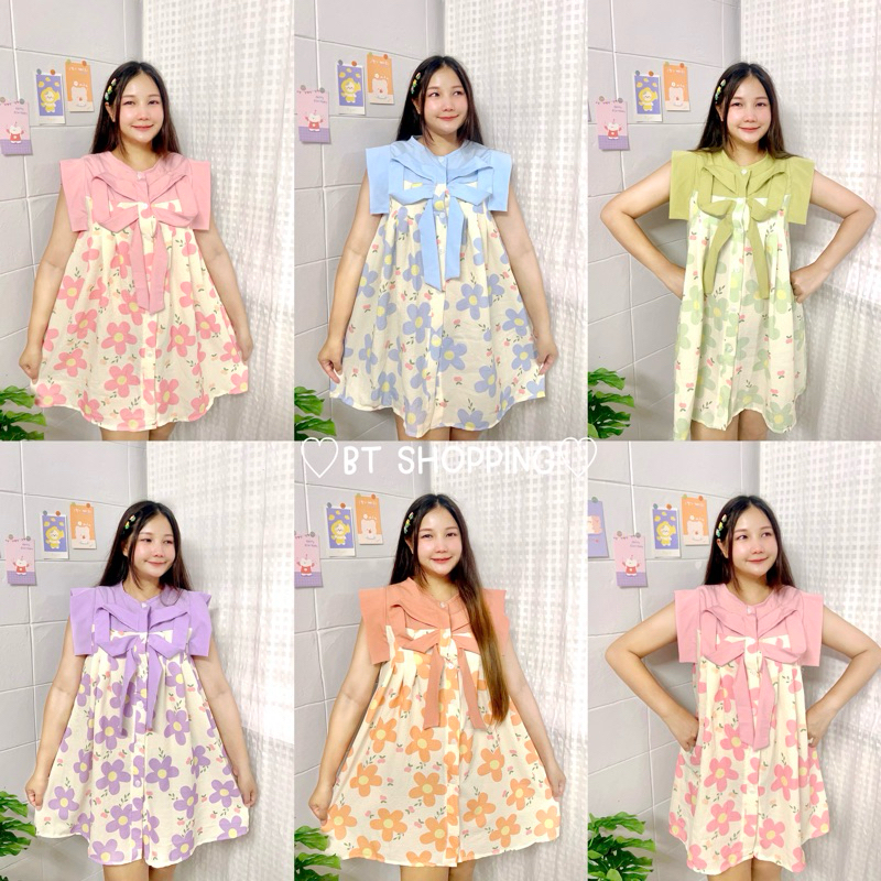 พร้อมส่ง มินิเดรสสุดฮิต งานแต่งโบว์หน้า งานผ้าย่นพิมพ์ลายดอกน่ารักๆ งานสวยใส่สบายมากๆ