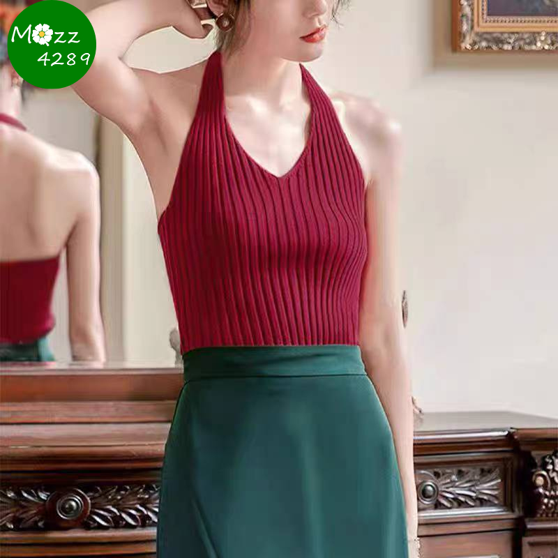 MQzz4289 พร้อมส่ง เสื้อไหมพรม เสื้อครอปคอวี สไตล์เซ็กซี่ เกาหลีเกาใจ Freesize