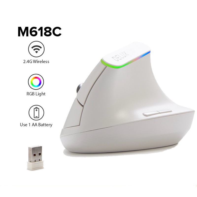 Delux M618C เมาส์ไร้สาย แนวตั้ง 2.4G 6 ปุ่ม 1600 DPI