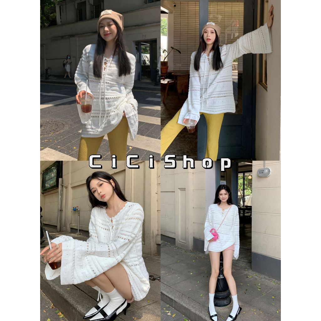 Cicishop (ZH678) เสื้อคอวีแขนยาวเนื้อผ้าไหมพรมถักดีเทลแต่งเชือกไขว้ด้านหน้าสลับกัน สไตล์ฝรั่งเศส